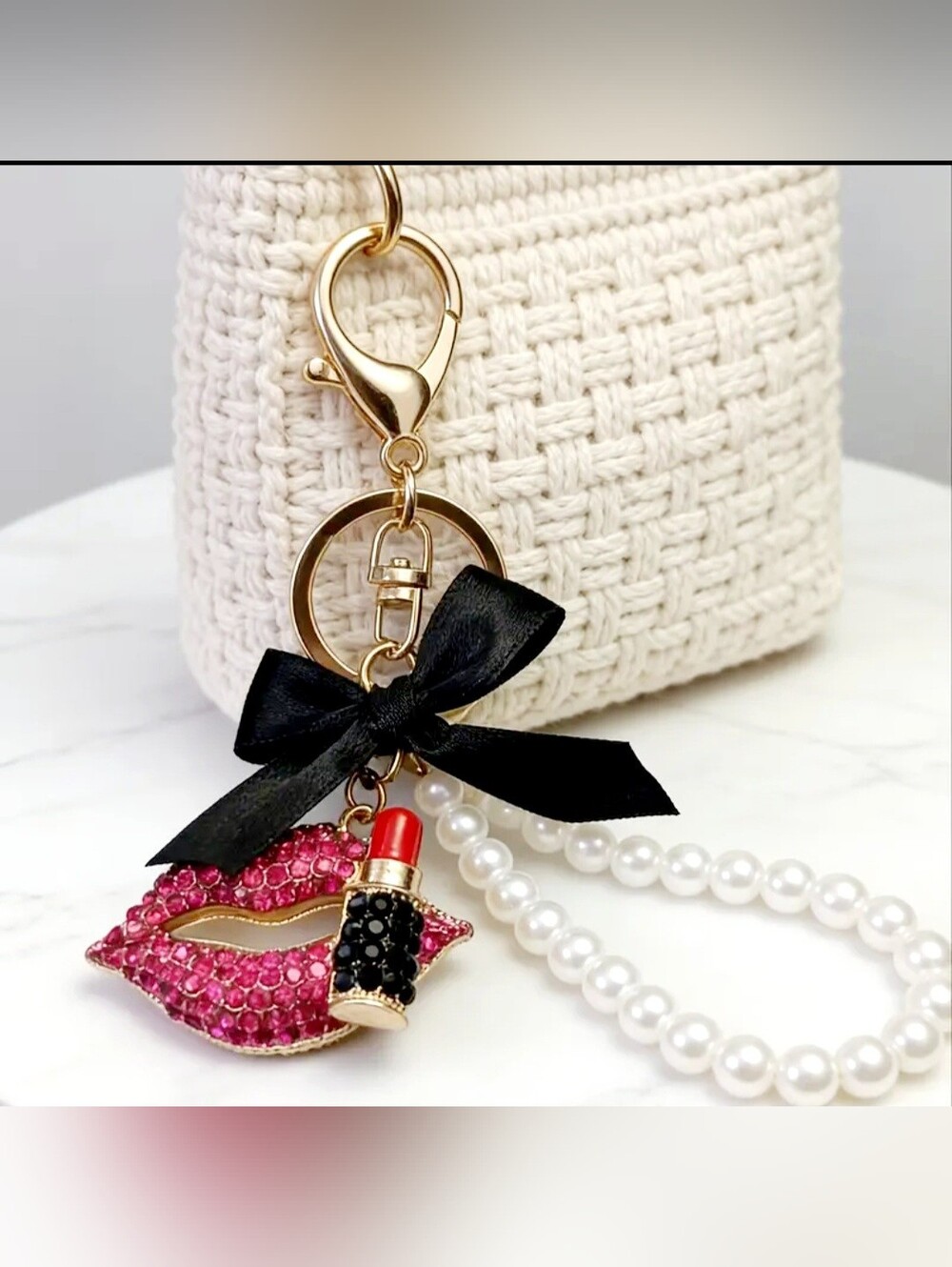 Lip & Lipstick Pearl Keychain Bag Charm with Black Bow - Picture 6 of 7